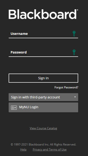 Blackboard login screen with the Sign in with third-party account dropdown and MyNU Login option
