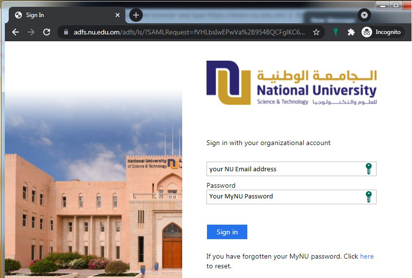 National University sign-in page asking for your NU email address and MyNU password