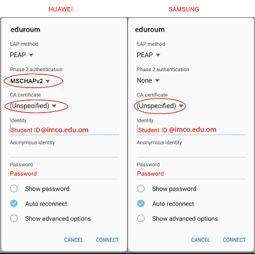 eduroam Wi-Fi settings shown on a Huawei phone and a Samsung phone