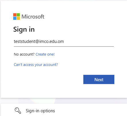 Microsoft Sign in screen with a student email address entered