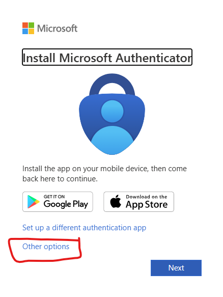 Install Microsoft Authenticator screen with Other options highlighted