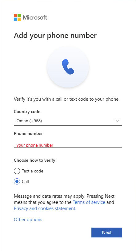 Add your phone number screen with Oman +968 country code