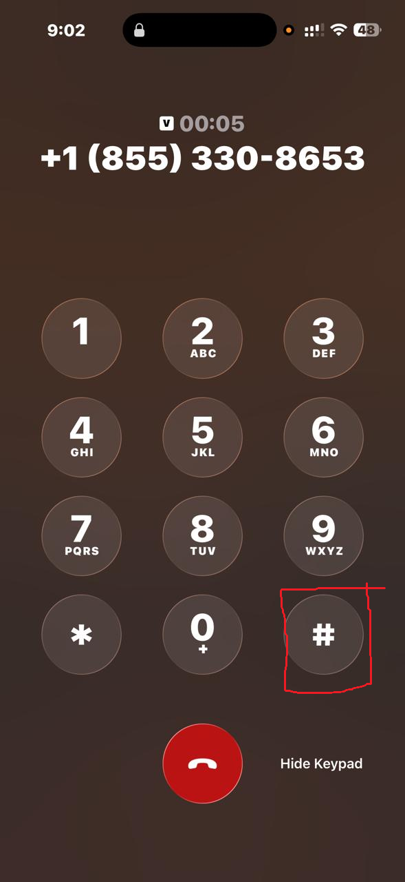 Phone call screen showing the hash key to press to confirm