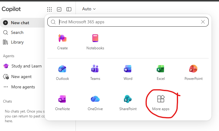 The Microsoft 365 apps panel with More apps highlighted