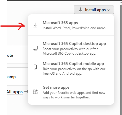 The Install apps menu with Microsoft 365 apps selected