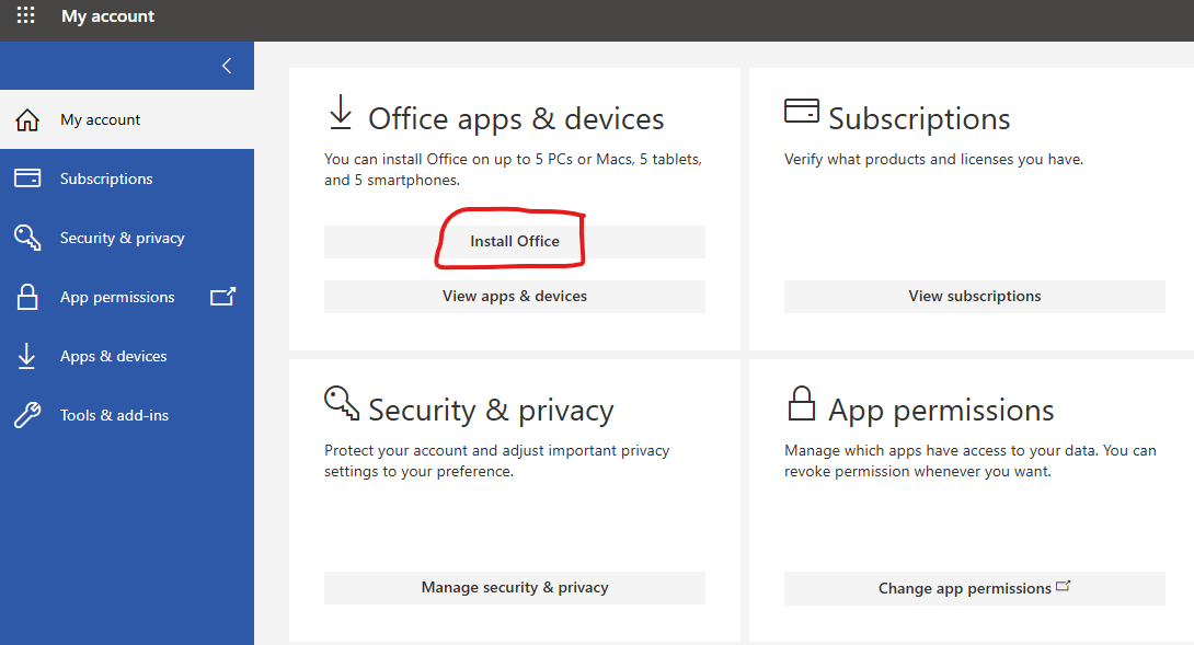 The My account page with the Install Office button